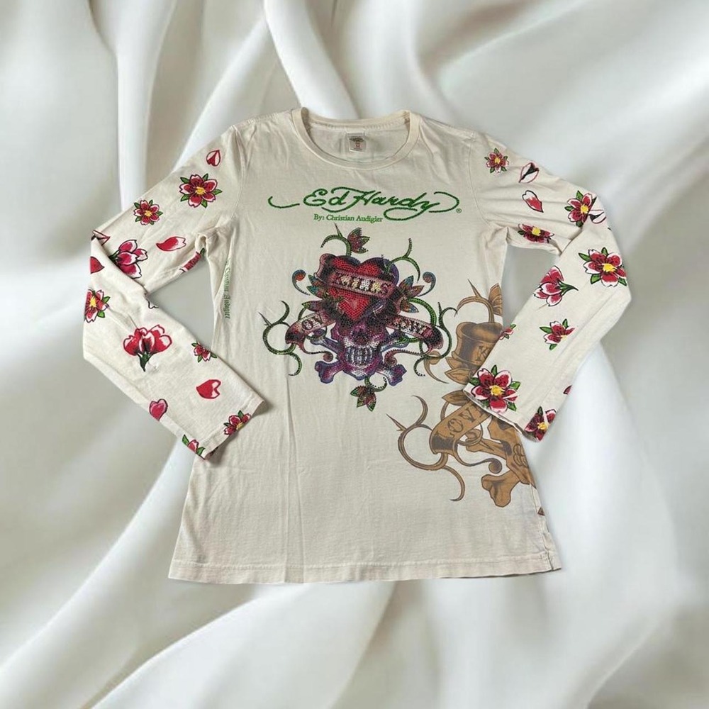 Ed Hardy love kills slowly rhinestone all over tattoo floral graphic white top